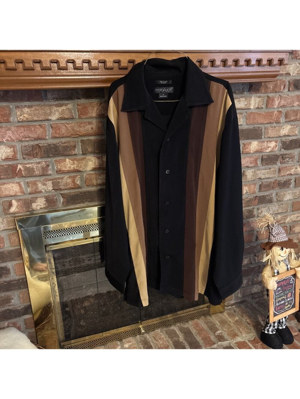 Vintage Metofuori Black & Brown Striped Long Sleeve Button Down Size XL Bowling